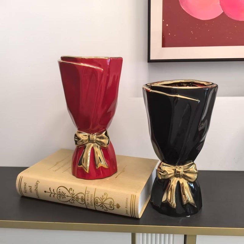 WLGRANJIA Black and Gold Bow Ceramic Vase - Flower Vases for Home Decor, Bow Decor, Boho Style, 9.65 Inch Flower Vases for Bouquet, Large Vase for Ideal Shelf Decor/Table (Black and Gold, Large) - Image 2